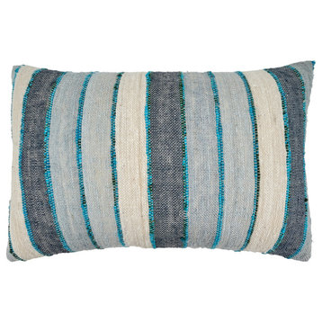 Throw Pillow With Striped Design, Blue, 16"x24", Down Filled