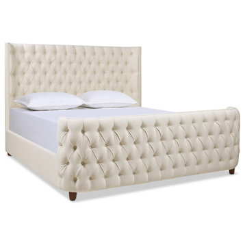 Brooklyn Tufted Wingback Shelter Headboard and Footboard Panel Bed, Light Beige Linen, King
