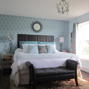 Blue Marrakech Trellis Stenciled Bedroom`