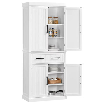 Farmhouse Pantry Cabinet, Drawer With Metal Handles & Adjustable Shelves, White