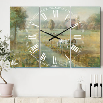 Tranquil Country Field Farmhouse 3 Panels Metal Clock
