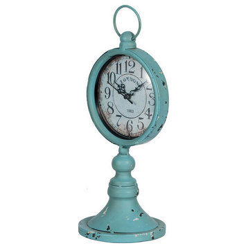 Benzara Decorative Table Clock, Iron, Vintage Inspired Design, Aqua Blue