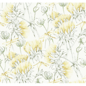 2973-90404 Mariell Dragonfly Wallpaper Feathery Flowers in Gold Yellow Green