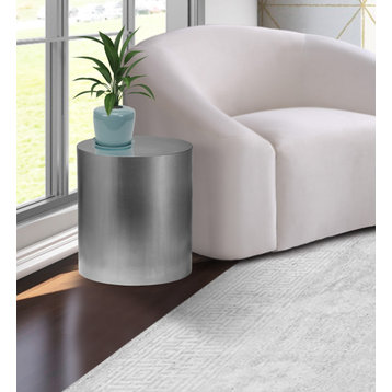 Cylinder Round Durable Metal End Table, Brushed Chrome