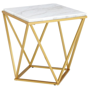 Pemberly Row Square End Table with White Marble Top and Gold Metal