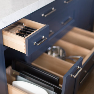 Knife drawer, tray storage and pots and pans drawer