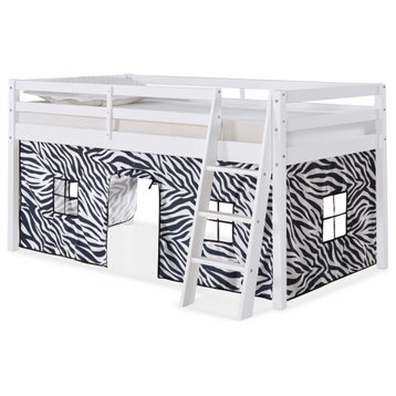 Roxy Twin Wood Junior Loft Bed, White, Blue and Red Tent, Bed Color: White, Tent: Zebra Pattern