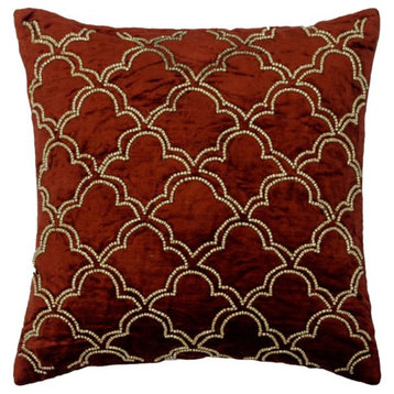 Decorative 16"x16" Beaded Orange Velvet Throw Pillow Cover�For Sofa, Rustic Joy