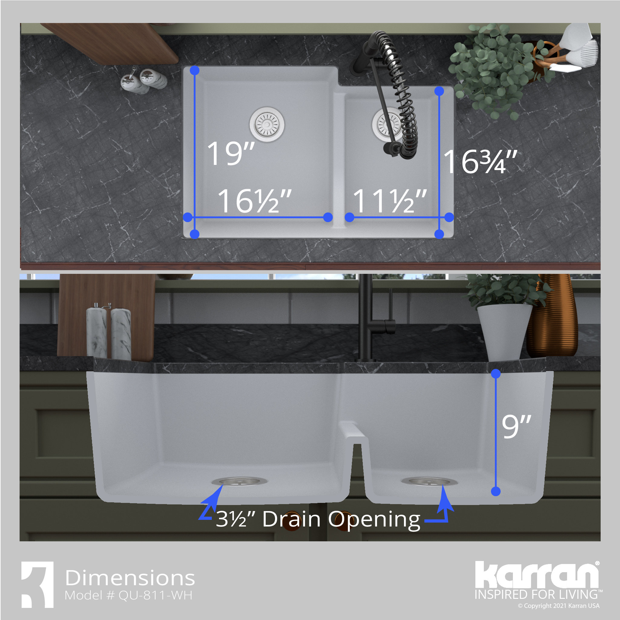 Karran 32" Undermount Large/Small Bowl Quartz Kitchen Sink, White