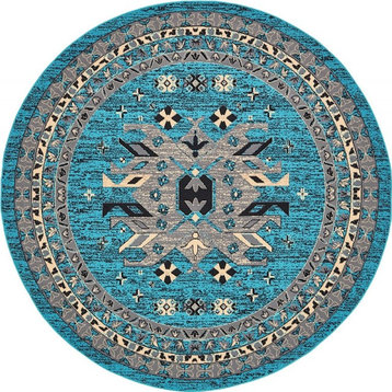 Southwestern/Lodge Multan 8' Round Aqua Area Rug