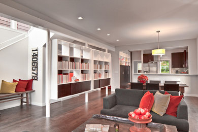 Example of a mid-sized trendy open concept dark wood floor living room design in Seattle with white walls