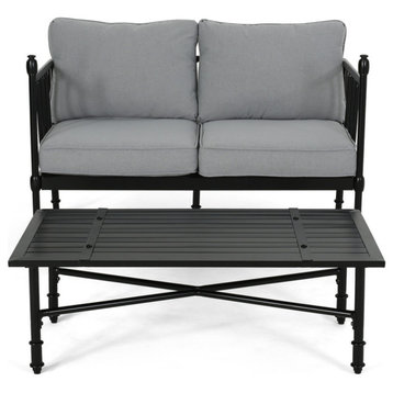 Francis Outdoor Aluminum Loveseat and Coffee Table With Cushions, Light Gray, Matte Black Finish