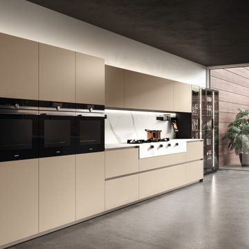 A Modern White and Natural Kitchen and Built-in No Handles Cabinetry