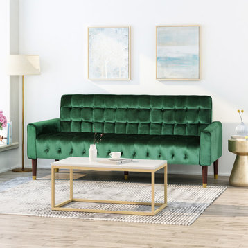 Adan Tufted Velvet Sofa With Gold Tipped Tapered Legs, Emerald, Gold Finish
