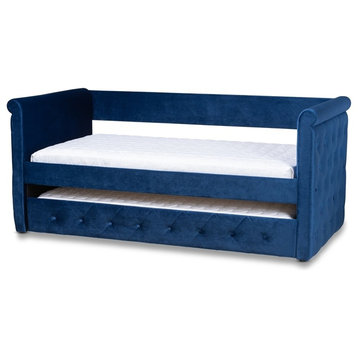 Navy Blue Velvet Fabric Upholstered Twin Size Daybed With Trundle