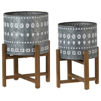 Classic Round Planters With Wooden Stand, 2-Piece Set