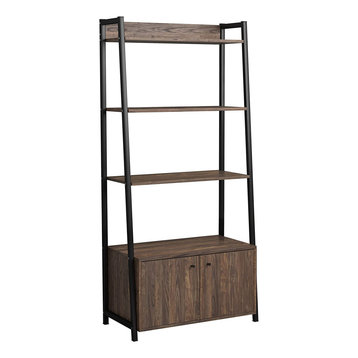 Rustic Bookcase, Open Shelves & Cabinet for Extra Storage, Aged Walnut Brown