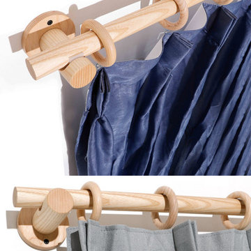 QYT03 1-1/8" Ash Wood Ball Bracket Single Double Curtain Rod Sets