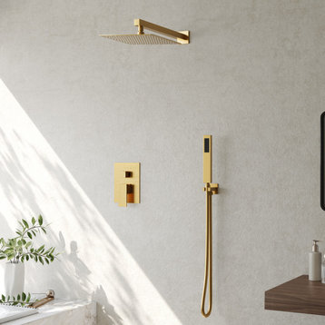 10" Wall Mounted Rainfall Shower Head with High Pressure Hand Shower, Brushed Gold