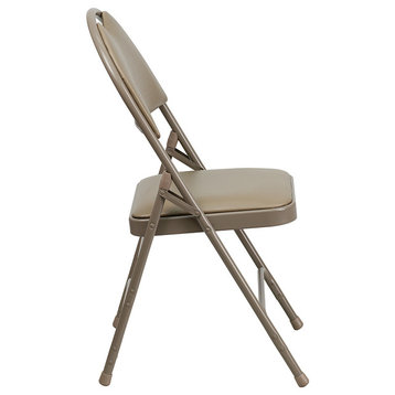 Triple Braced Beige Vinyl Metal Folding Chair With Easy-Carry Handle, Set of 4