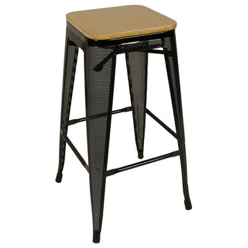 Stackable Metal Mesh Bar Stools With Bamboo Tops, Set of 4, Black