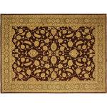 Bareens Designer Rugs - Oriental Ziegler Liberty Brown Green Hand-Knotted Wool Rug - 9'10'' x 13'10'' - Enhance the ambiance of your home with this magnificent Persian-influenced Turkish hand-knotted rug made by skilled artisans capable of creating the most exceptional vegetable dyes and hand-spun wool. This exquisite handmade rug is a one-of-a-kind Peshawar Kafkaz, otherwise identified as Chobi, Chobi Peshawar, Oushak, or Ziegler rug. These handmade rugs are crafted in Pakistan utilizing superior-quality wool imported from Australia, New Zealand, and Korea in two types of weaves: the Persian weave and the Mori weave. This rug is meticulously crafted by hand using the finest natural vegetable dyes extracted from local plants. The artisans use a blend of hand-spun local and fine merino wool, resulting in a rug with a compelling texture, higher lanolin content, and longer staple. The artisans occasionally incorporate natural or artificial silk into the pile to enhance specific motifs. The finished product is an awe-inspiring execution of flawless design and an understated palette that exudes elegance.