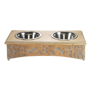 Petmaker 20 oz. 7 in. Stainless-Steel Nonslip Bamboo Dog Feeder with 2 Elevated Dog Bowls with Stand