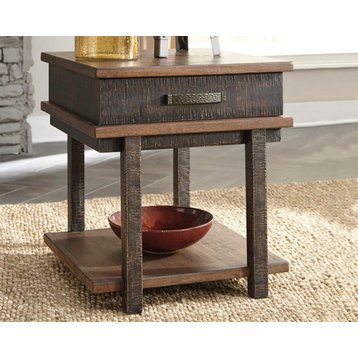 Rustic End Table, Two Tone Design With Distressed Accents and Lower Open Shelf