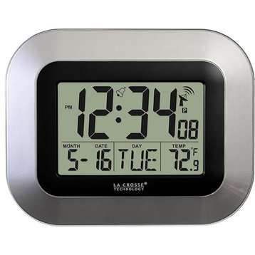 WT-8005U-S Atomic Digital Wall Clock with Indoor Temperature, Silver