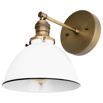 Industrial Wall Sconce, White Metal Shade, Antique Brass