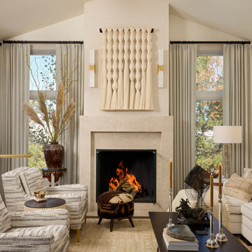 Light Bright Cream Living Room with Modern Fireplace