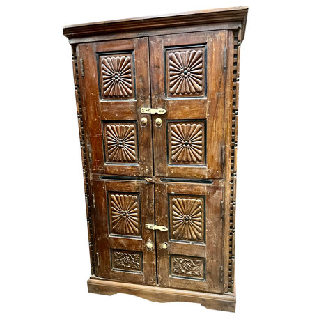 Consigned Antique Cahkra Carved Armoire Dark Brown Wood Storage Cabinet 66
