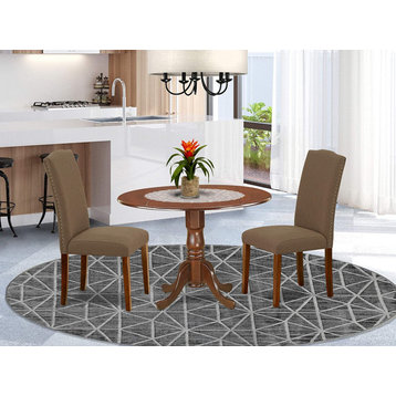 3 Pieces Dining Set, Round Tabletop With Drop Down Leaves, Mahogany/Dark Coffee
