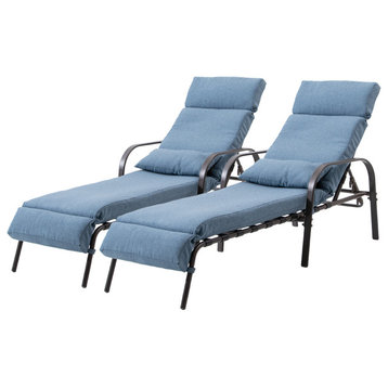 Set of 2 Adjustable Chaise Lounge Chair with Cushion & Pillow, Dark Blue
