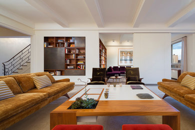 Design ideas for a large modern loft-style living room in New York with white walls.