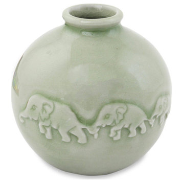 NOVICA Jade Elephant Parade And Celadon Ceramic Vase