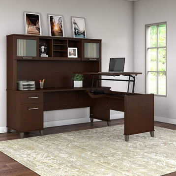 Spacious L-Shaped Desk, Integrated Tall Hutch and Lift Up Desktop, Mocha Cherry