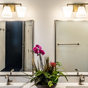 Transitional Primary Bathroom Remodel | Navy Vanity & Walk-In Shower