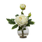 Peony With Fluted Vase Silk Flower Arrangement, White