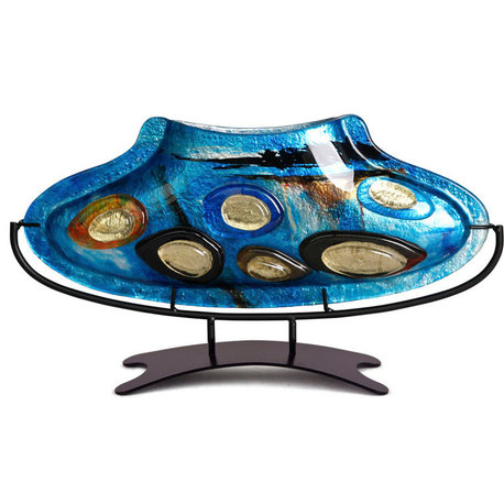 Oval Fused Glass Vase With Metal Stand, 14"x8"