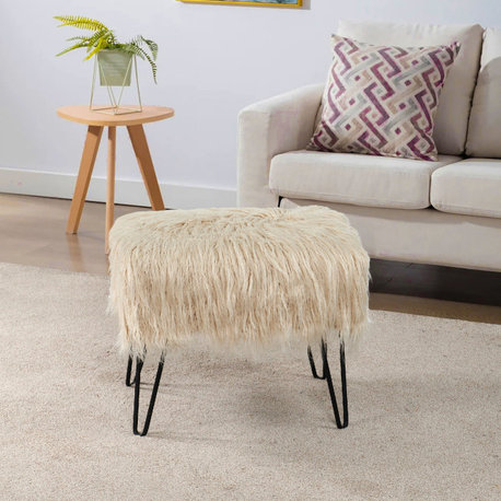 Mongolian Fur Ottoman, Oatmeal, 19''x13''x17''