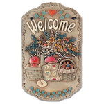 TrendyDecor4U - Welcome Sign, "Baskets" Porch Decor, Resin Slate Plaque, Ready To Hang Decor - Baskets is approximately 13"x7.75" indoor-outdoor poly resin slates.  This features 3 baskets - 1 with flowers, 1 with apples and 1 with gingerbread cookies and reads Welcome.  This is ready to hang with a leather strap.