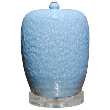 Baby Blue Porcelain Ginger Jar With Crystal Base