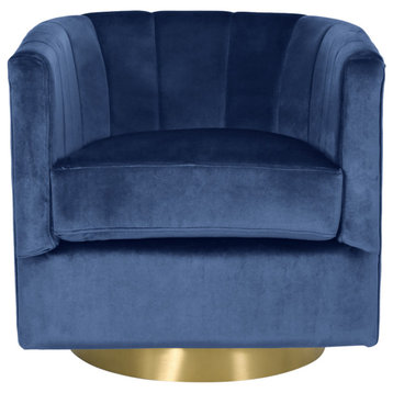 Blairmont Modern Glam Channel Stitch Velvet Swivel Club Chair, Cobalt + Copper