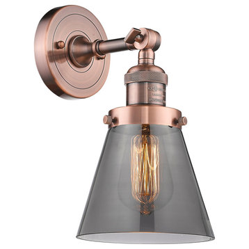 Small Cone 1-Light Sconce, Smoked Glass, Antique Copper