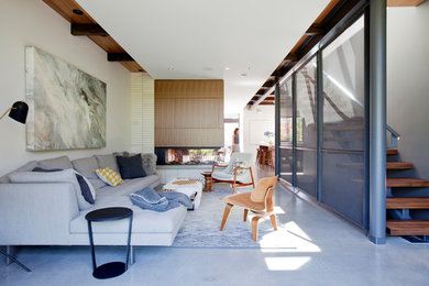 Mid-sized trendy open concept living room photo in Vancouver with gray walls, a two-sided fireplace and a concrete fireplace