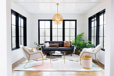 Mid-sized trendy open concept medium tone wood floor living room photo in Grand Rapids with white walls