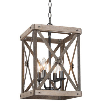 Farmhouse 4-Light Square Wooden and Metal Lantern Chandelier