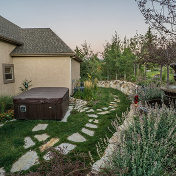 Hillside Garden Landscape with Water Features and Beautiful Plantings