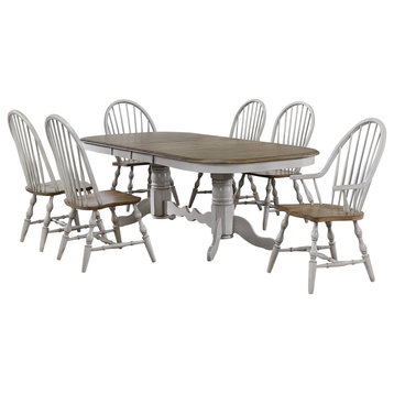 7 Piece Double Pedestal Extendable Dining Table Set, Distressed Gray/Brown